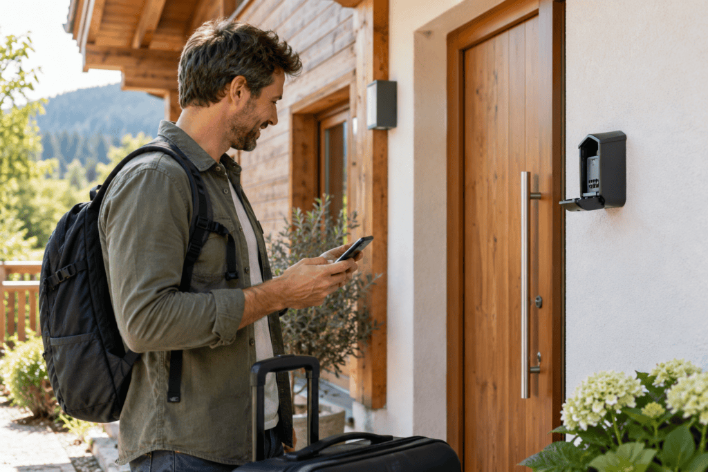 Gast vor dem Eingang eines Ferienhauses mit Smartphone und Koffer beim kontaktlosen Einchecken über einen Schlüsseltresor.