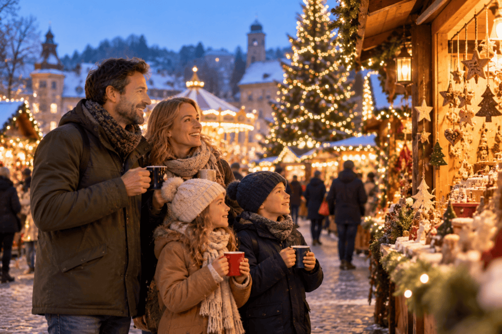 Familie mit zwei Kindern besucht den Straßburger Weihnachtsmarkt mit festlich beleuchteten Holzständen, Weihnachtsbaum und Karussell.