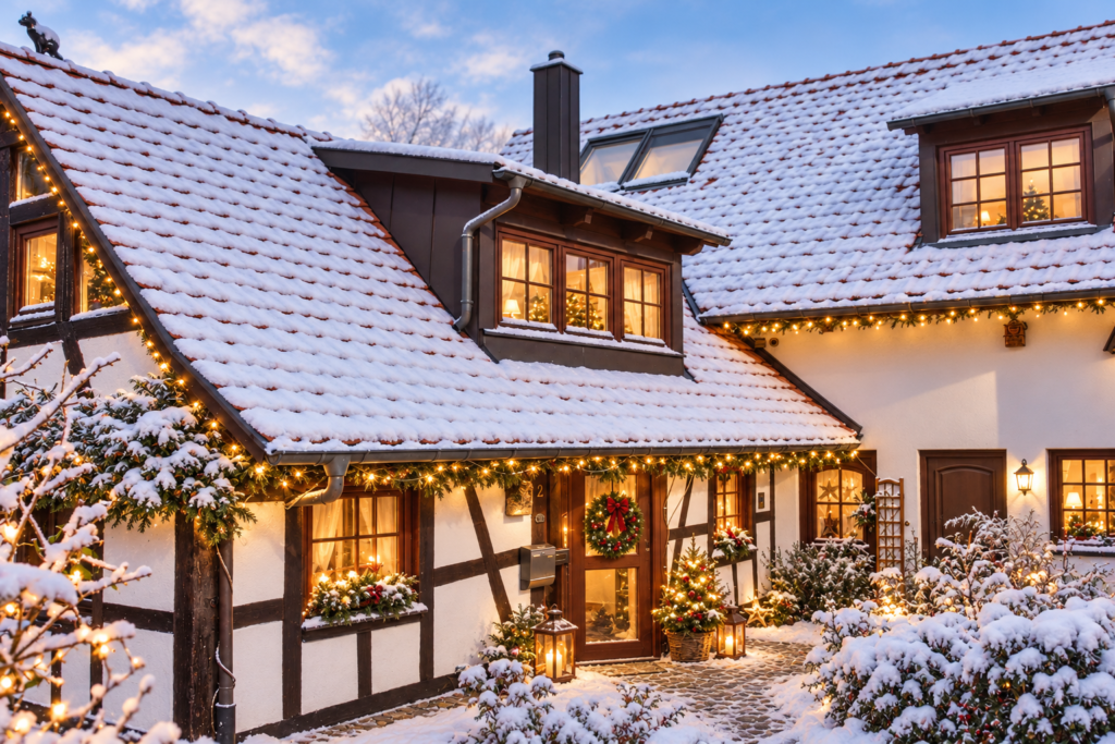 Ferienhaus Im Birkenweg in Rheinau-Linx bei Straßburg mit verschneitem Fachwerk, festlicher Weihnachtsbeleuchtung und geschmücktem Eingangsbereich.