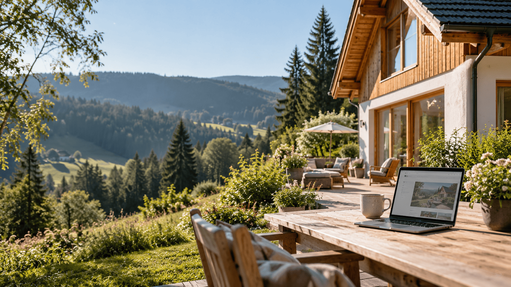 Ferienhaus im Schwarzwald mit sonniger Terrasse und Laptop zur direkten Buchung beim Vermieter