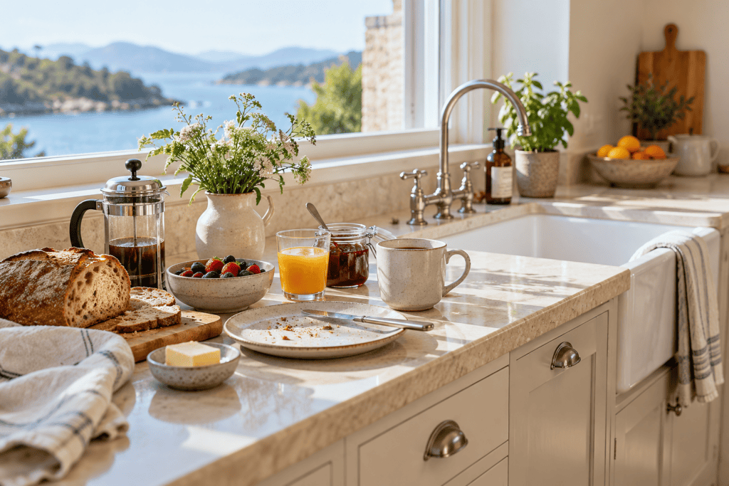 Benutztes Frühstücksgeschirr, Tassen und Brotkrümel auf der Küchenarbeitsplatte eines Ferienhauses – Küche nach dem Frühstück vor der Endreinigung.