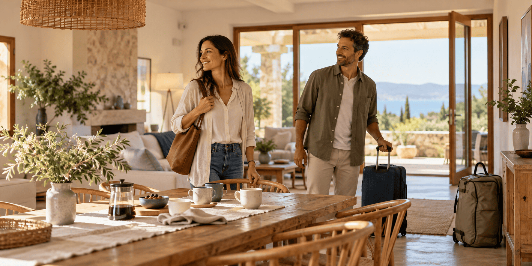 Zwei Gäste stehen vor der Abreise mit gepackten Reisetaschen im hellen Wohn- und Essbereich eines Ferienhauses und werfen einen letzten Blick durch den Raum.