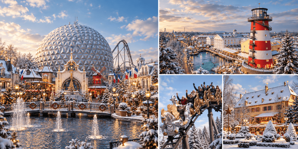 Winterliche Collage des Europa-Parks Rust mit der Eurosat-Kugel, dem rot-weißen Leuchtturm, der Pegasus-Achterbahn und Schloss Balthasar in verschneiter, festlich beleuchteter Umgebung.