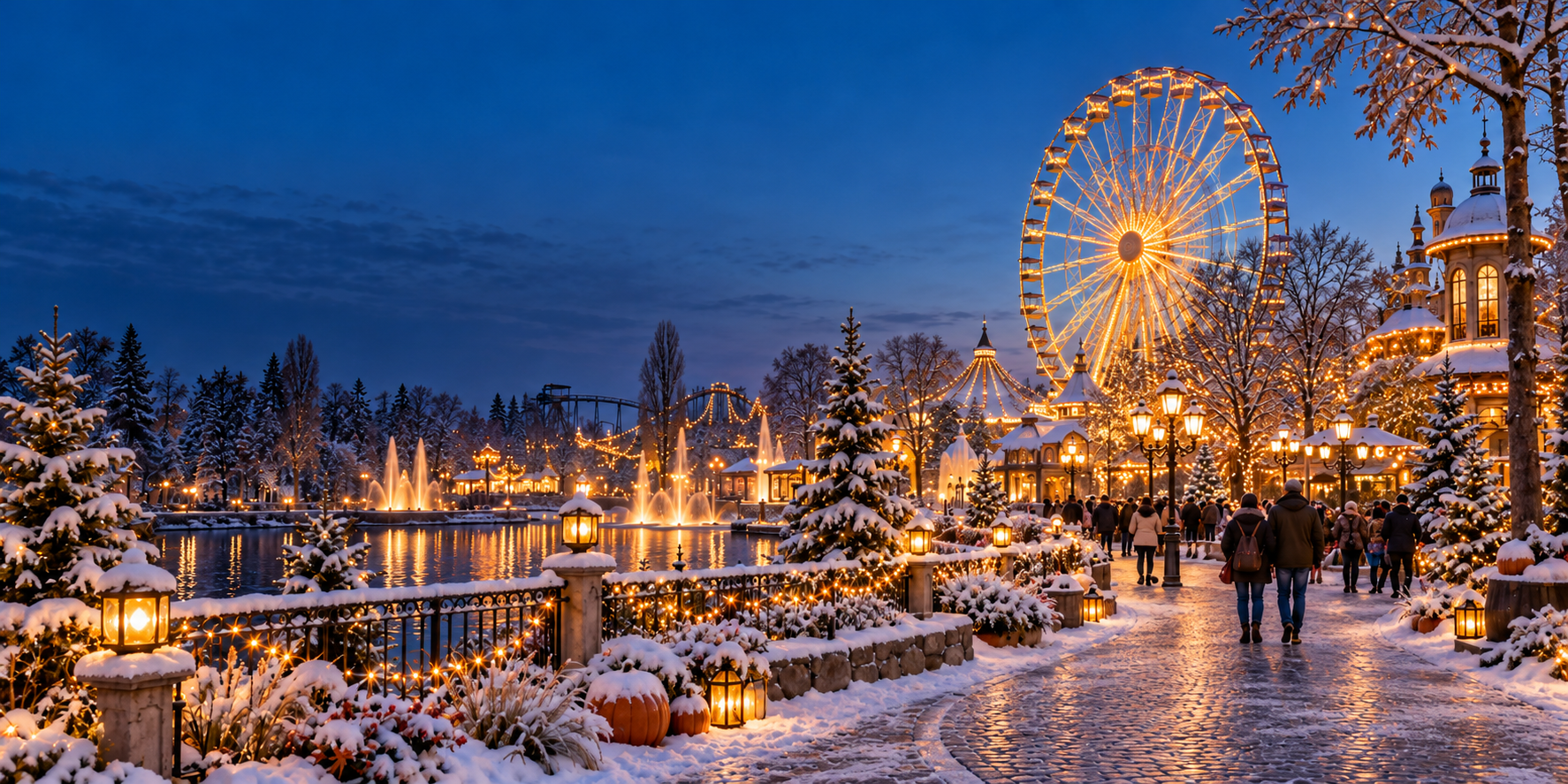 Winterlich beleuchteter Freizeitpark mit großem Riesenrad, verschneiten Bäumen, festlichen Lichterketten und Besuchern an einem See in der Abenddämmerung.