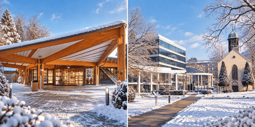 Wintercollage mit dem verschneiten Eingangsbereich der Keidel Therme in Freiburg und der Caracalla Therme in Baden-Baden mit angrenzender Kirche.